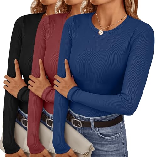 Ekouaer Damen 3 Pack Langarmshirt Rundhals Unterhemd Thermoshirt Unterwäsche Warm Oberteil Winter, Schwarz + Weinrot + Blau, XXL von Ekouaer
