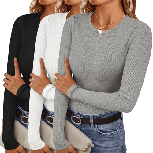 Ekouaer Damen 3 Pack Langarmshirt Rundhals Unterhemd Thermoshirt Unterwäsche Warm Oberteil Winter, Schwarz + Weiß + Grau, S von Ekouaer