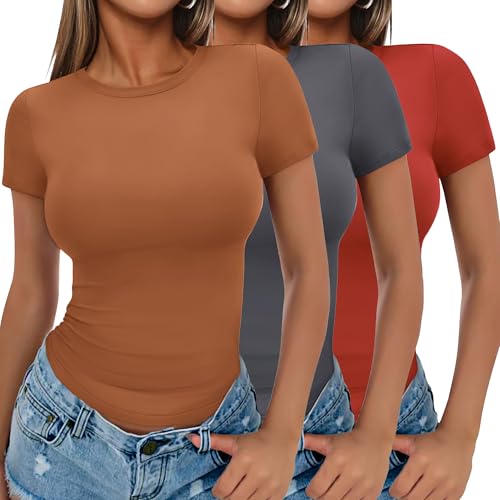 Ekouaer Damen 3 Pack T-Shirts Rundhlas Unterhemd Kurzarm Oberteil Slim Fit Basic Crop Tops, Rot + Grau + Braun, M von Ekouaer