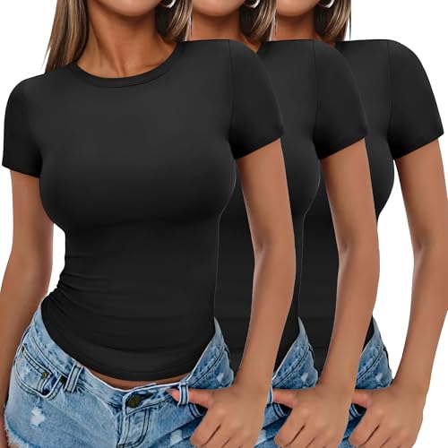 Ekouaer Damen 3 Pack T-Shirts Rundhlas Unterhemd Kurzarm Oberteil Slim Fit Basic Crop Tops, Schwarz*3, S von Ekouaer