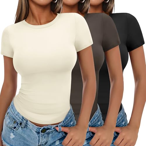 Ekouaer Damen 3 Pack T-Shirts Rundhlas Unterhemd Kurzarm Oberteil Slim Fit Basic Crop Tops, Schwarz + Beige + Braun, XXL von Ekouaer