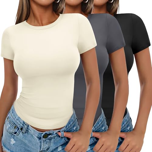 Ekouaer Damen 3 Pack T-Shirts Rundhlas Unterhemd Kurzarm Oberteil Slim Fit Basic Crop Tops, Schwarz + Beige + Grau, S von Ekouaer