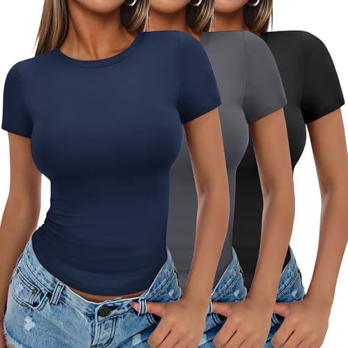 Ekouaer Damen 3 Pack T-Shirts Rundhlas Unterhemd Kurzarm Oberteil Slim Fit Basic Crop Tops, Schwarz + Blaulila + Grau, L von Ekouaer