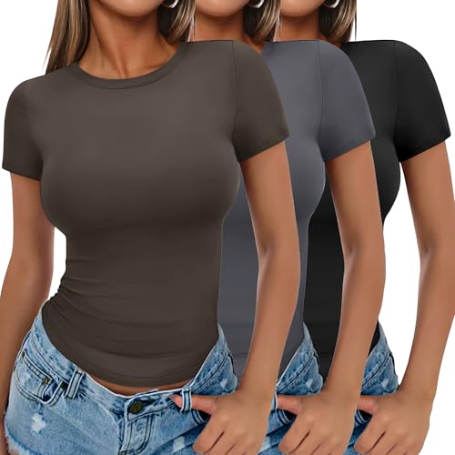Ekouaer Damen 3 Pack T-Shirts Rundhlas Unterhemd Kurzarm Oberteil Slim Fit Basic Crop Tops, Schwarz + Grau + Braun, M von Ekouaer