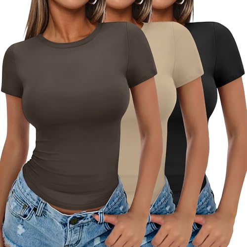 Ekouaer Damen 3 Pack T-Shirts Rundhlas Unterhemd Kurzarm Oberteil Slim Fit Basic Crop Tops, Schwarz + Khaki + Braun, L von Ekouaer