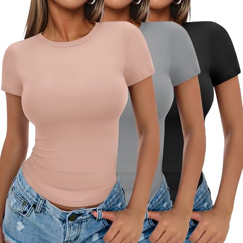 Ekouaer Damen 3 Pack T-Shirts Rundhlas Unterhemd Kurzarm Oberteil Slim Fit Basic Crop Tops, Schwarz + Rosa + Grau, L von Ekouaer