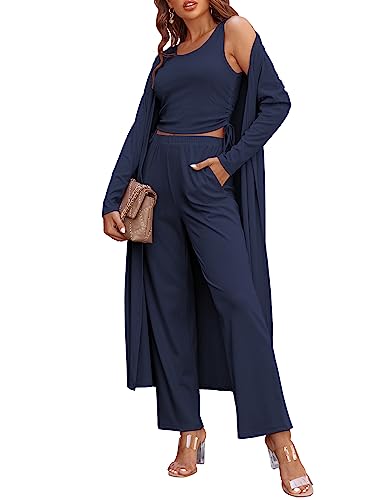 Ekouaer Damen 3-teiliges Strick-Lounge-Set Sweatsuit, Marineblau, Medium von Ekouaer