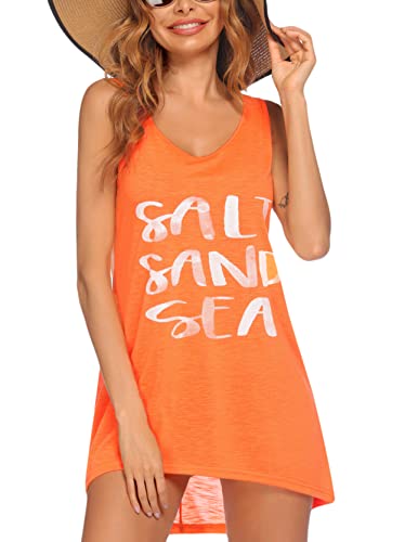 Ekouaer Damen Ärmellos Bademode Coverups T-Shirt Strandkleid Tank Bikini Cover Up mit Druck, A-Orange, Medium von Ekouaer