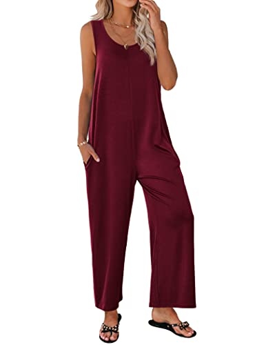 Ekouaer Damen Ärmellose Jumpsuits U-Ausschnitt Tank Strampler Casual Wide Leg Loose Fit Einteiler Strampler mit Taschen, Weinrot, Small von Ekouaer