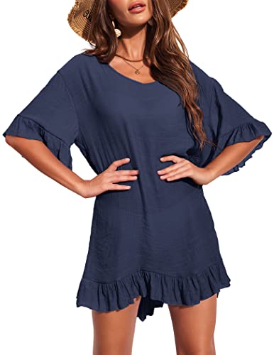 Ekouaer Damen-Badeanzug, V-Ausschnitt, Strandkleid, sexy Rüschenärmel, Bikini-Überzug, lockeres Oberteil, Größe XS-3XL, Marineblau, X-Small von Ekouaer