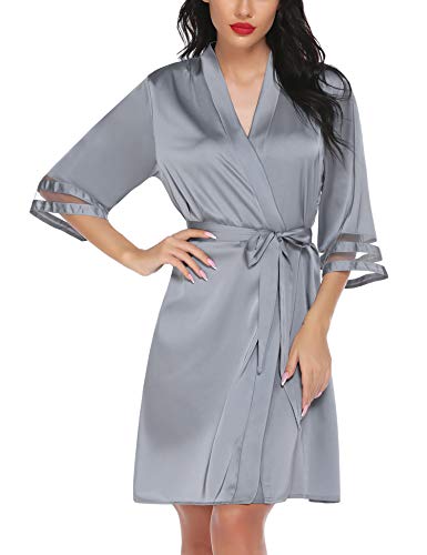 Ekouaer Damen Bademantel Sexy Morgenmantel Satin Kimono Kurz Robe 3/4 Ärmel Nachtwäsche Braut Nachtwäsche Grau Nachthemd Hochzeit Grau von Ekouaer