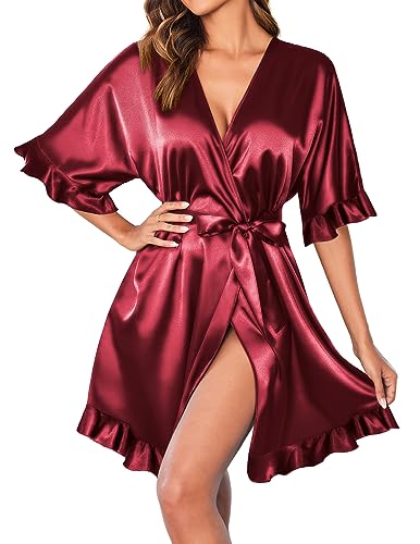 Ekouaer Damen-Bademantel aus Satin, Rüschensaum, Kimono, kurze Bademäntel, V-Ausschnitt, reine Farbe, Brautjungfer, Hochzeit, Party, Bademantel - Rot - X-Large von Ekouaer