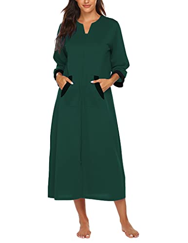 Ekouaer Damen-Bademantel mit Reißverschluss, 3/4-Ärmel, Loungewear, volle Länge, Nachtwäsche, Taschen, Hausmantel lang, weich, Style 1-dunkelgrün, XXX-Large Ekouaer Damen-Bademantel mit Reißverschluss, 3/4-Ärmel, Loungewear, volle Länge, Nachtwäsche, Taschen, Hausmantel lang, weich, Style 1-dunkelgrün, XXX-Large von Ekouaer