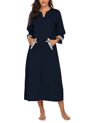 Ekouaer Damen-Bademantel mit Reißverschluss, 3/4-Ärmel, Loungewear, volle Länge, Nachtwäsche, Taschen, Hausmantel lang, weich, Style 1-navy, XXX-Large von Ekouaer