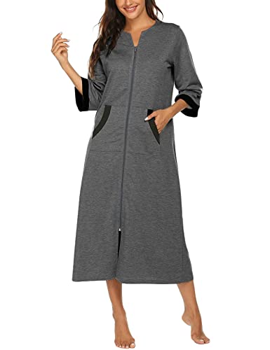 Ekouaer Damen-Bademantel mit Reißverschluss, 3/4-Ärmel, Loungewear-Kleid, volle Länge, Nachtwäsche, Taschen, Hausmantel, Nachthemd, langer Bademantel, Stil 1-dunkelgrau., 4X-Large von Ekouaer