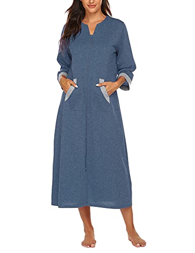 Ekouaer Damen-Bademantel mit Reißverschluss, 3/4-Ärmel, Loungewear-Kleid, volle Länge, Nachtwäsche, Taschen, Hausmantel, Nachthemd, langer Bademantel, Style 1-marineblau, X-Large von Ekouaer