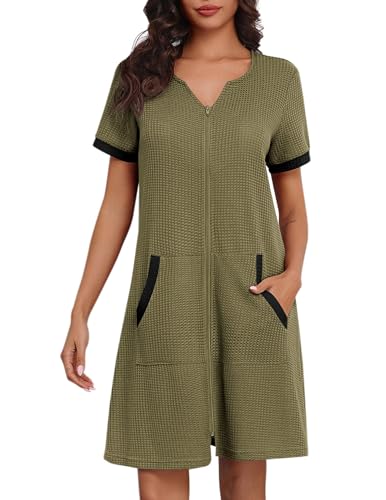 Ekouaer Damen-Bademantel mit Reißverschluss, Waffelmuster, kurzärmelig, leicht, knielang, Hausmantel mit Taschen, Armeegrün, Größe XXL, Grün (Army Green), XX-Large von Ekouaer