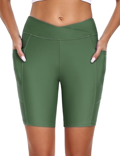 Ekouaer Damen Badeshorts Bauchkontrolle Badehose Schnell Trocknend Schwimmhose Hohe Taille Boardshorts Schwimmunterteil mit Taschen Armeegrün S von Ekouaer