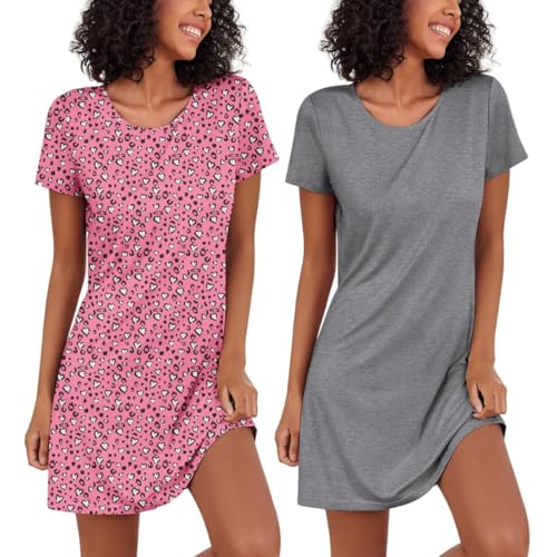 Ekouaer Damen Basic Nachthemd Kurz Nachtkleid Kurzarm Sleepshirt Winter Schlafshirt 2 Pieces Nachtwäsche Sexy, Grau+Herz, M von Ekouaer