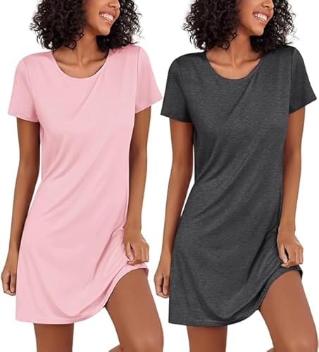 Ekouaer Damen Basic Nachthemd Kurz Nachtkleid Kurzarm Sleepshirt Winter Schlafshirt 2 Pieces Nachtwäsche Sexy, Grau+Rosa, M von Ekouaer