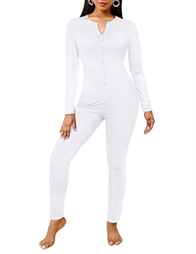 Ekouaer Damen Button Onesie Pyjama Bandage Einteiler Langer Schlaf Strampler Pyjama Bodysuit Jumpsuit Bodycon XS-XXL, A-weiß, X-Large von Ekouaer