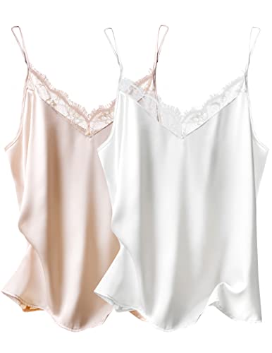 Ekouaer Damen Camisole aus Seidensatin mit V-Ausschnitt, Spaghetti-Träger, Tank-Top, enganliegend, Basic-Top, Weiß und Champagner, 3X-Groß von Ekouaer