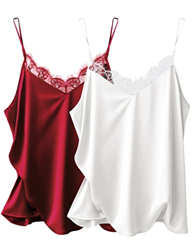 Ekouaer Damen Camisole aus Seidensatin mit V-Ausschnitt, Spaghetti-Träger, Tank-Top, enganliegend, Basic-Top, Weiß und Weinrot, Mittel von Ekouaer