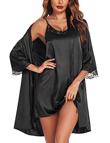 Ekouaer Damen Dessous Negligee Satin Sexy Kimono Bride Bademantel Kurz mit Gürtel Morgenmantel Braut Babydoll Nachthemd Hochzeit 2pcs, Schwarz, XXL von Ekouaer