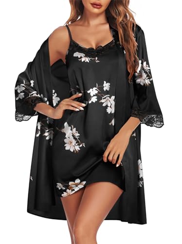 Ekouaer Damen Dessous Negligee Satin Sexy Kimono Bride Bademantel Kurz mit Gürtel Morgenmantel Braut Babydoll Nachthemd Hochzeit 2pcs, Schwarz-2, L von Ekouaer