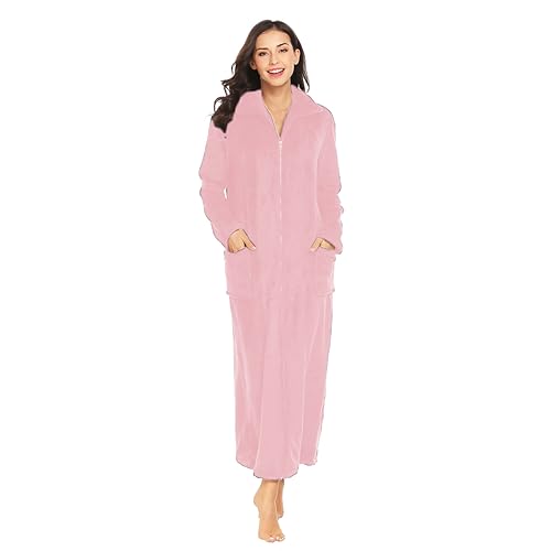 Ekouaer Damen Flanell Robe Reißverschluss Front Roben in voller Länge Bademantel (S-XXL), Pink, XX-Large von Ekouaer