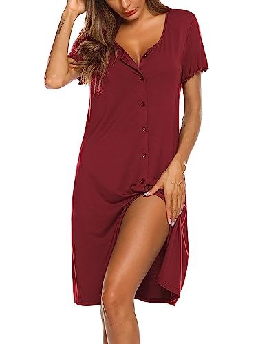 Ekouaer Nachtwäsche Damen Nachthemd Sommer Schlafshirt Kurzarm Sleepshirt Kurz Knopfleiste Weinrot M von Ekouaer