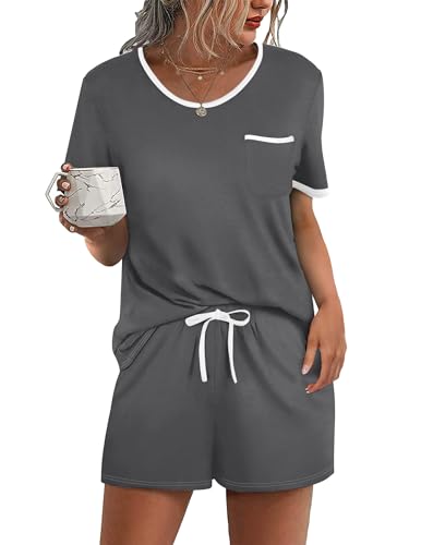 Ekouaer Damen Hausanzug Pyjama Damen Kurz Schlafanzug 2-teiliges Loungewear Set Oberteile und Shorts weiche Nachtwäsche Brusttasche, Grau, XL von Ekouaer