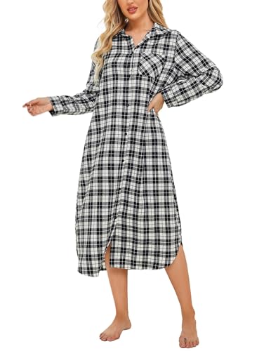 Ekouaer Button-Down Nachthemd Lang Locker Warm Baumwolle Blusenkleid Frauen weiß schwarz Plaid M von Ekouaer