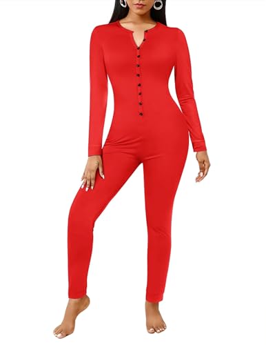 Ekouaer Damen Jumpsuit Onesie Overall Einteiler Pyjamas One Piece Schlafanzug mit Knöpfen, Rot, M von Ekouaer