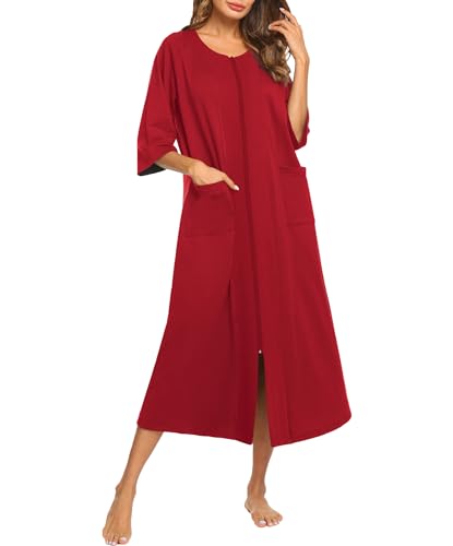 Ekouaer Damen Kurzarm Bademäntel Reißverschluss vorne Nachthemden Lose Hausmantel Loungewear Kleid Duster mit Taschen S-XXL, rot, XX-Large von Ekouaer