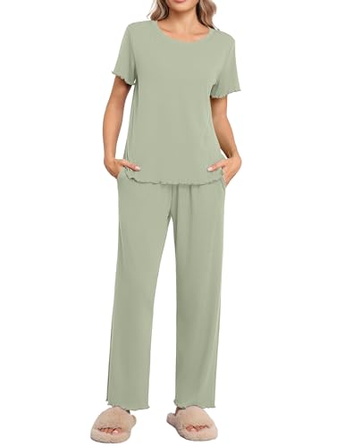 Ekouaer Damen Lang Pyjama Gestricktes Schlafanzug Zweiteiliger Pyjama Set Kurzarm Nachtwäsche mit Rundhals Oberteil und Schlafanzughose Hellgrün XXL von Ekouaer