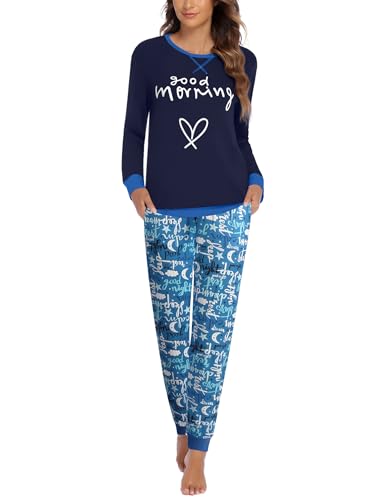 Ekouaer Damen Lang Schlafanzug Pyjama Set Top und Pyjamahose Zweiteilig Sleepwear Winter Nachtwäsche Hausanzug Blau XXL von Ekouaer