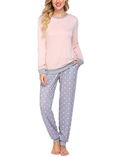 Ekouaer Damen Lang Schlafanzug Pyjama Set Top und Pyjamahose Zweiteilig Sleepwear Winter Nachtwäsche Hausanzug Rosa + Grau XXL von Ekouaer