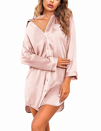 Ekouaer Damen Langarm Satin Sleepshirt Button Down Nachthemden Seide Nachthemd Pyjama Top Nachtwäsche S-XXL, Helles Pink, Small von Ekouaer