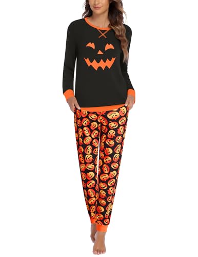 Ekouaer Damen Langarm Schlafanzug Pyjama Set Lang Top und Pyjamahose Sleepwear Winter Nachtwäsche Hausanzug Halloween XL von Ekouaer