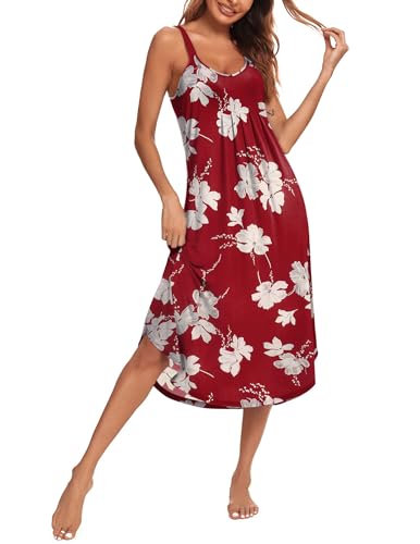 Ekouaer Damen Lange Nachthemd Rundhals Ärmellos Sommer Nachtwäsche Lässige Lockere Sleepwear Blumen rot XL von Ekouaer