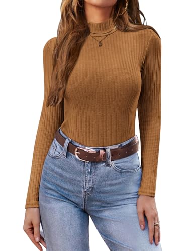 Ekouaer Damen Leichter Rollkragenpullover Thermo Top Winter Unterhemd Langarmshirt Slim Fit Basic Tops Rollkragenshirt, Braun, M von Ekouaer