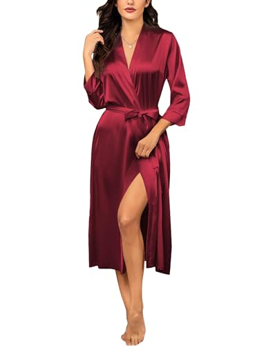 Ekouaer Nachthemd Damen Morgenmantel Damen Lang Bademantel Brautjungfern-Hochzeitsfeier Seidenroben Satin Nachtwäsche mit Taschen Kimono, Weinrot, M von Ekouaer