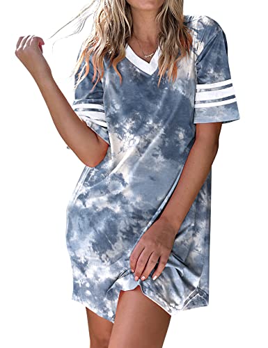 Ekouaer Damen Nachthemd, Baumwolle Neuheit Sleepshirts V Ausschnitt Kurzarm Schlafshirt Lose Bequem Pyjama Nachtwäsche S-XXL, Krawattenfarbe Grau, Medium von Ekouaer