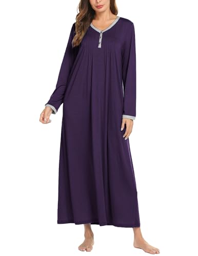 Ekouaer Damen-Nachthemd, maxi, mit langen Ärmeln, lässig, Knopfleiste - Violett - XX-Large von Ekouaer