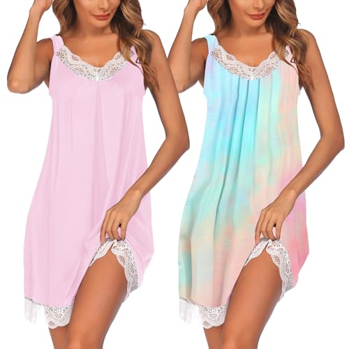 Ekouaer Damen Nachthemd Ärmellos Chemise Nachtwäsche Sexy Lose Full Slips Spitze Negligee V-Ausschnitt Nachtwäsche Soft Jersey Dessous 2pcs Blau tie dye+rosa S Ekouaer Damen Nachthemd Ärmellos Chemise Nachtwäsche Sexy Lose Full Slips Spitze Negligee V-Ausschnitt Nachtwäsche Soft Jersey Dessous 2pcs Blau tie dye+rosa S von Ekouaer