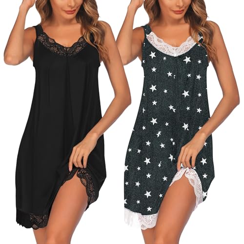 Ekouaer Damen Nachthemd Ärmellos Chemise Nachtwäsche Sexy Lose Full Slips Spitze Negligee V-Ausschnitt Nachtwäsche Soft Jersey Dessous 2pcs schwarz+grau Stern L Ekouaer Damen Nachthemd Ärmellos Chemise Nachtwäsche Sexy Lose Full Slips Spitze Negligee V-Ausschnitt Nachtwäsche Soft Jersey Dessous 2pcs schwarz+grau Stern L von Ekouaer