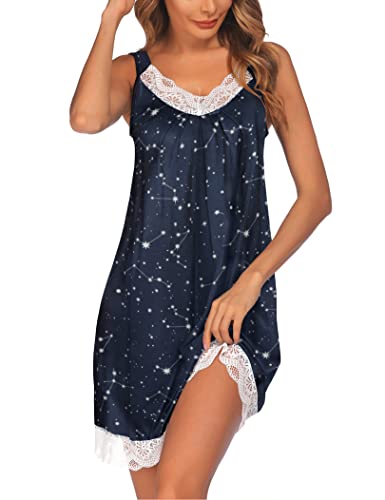 Ekouaer Damen Nachthemd Ärmellos Chemise Nachtwäsche Sexy Lose Full Slips Spitze Negligee V-Ausschnitt Nachtwäsche Soft Jersey Dessous -PAT5 Konstellation S von Ekouaer