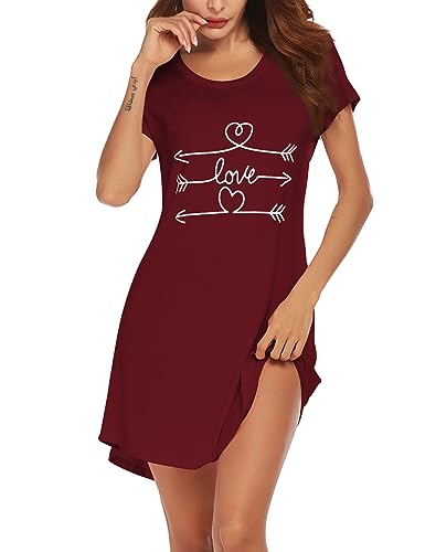 Ekouaer Damen Nachthemd Baumwolle Gemütlich Nachthemd Kurzarm Sleepshirt Knielang Nachtwäsche Negligee Rot L von Ekouaer