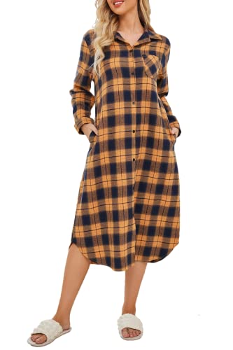 Ekouaer Damen Nachthemd Baumwolle Knöpfe Bambus Pyjama Nightwear Loungewear Gelb Plaid L von Ekouaer